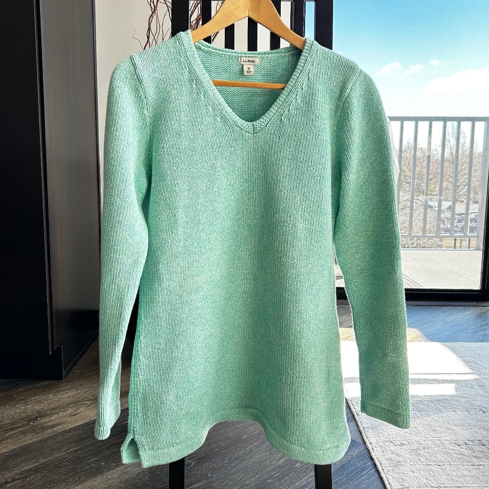 L L Bean 100% Cotton Tunic Length Sweater, V-Neck, M